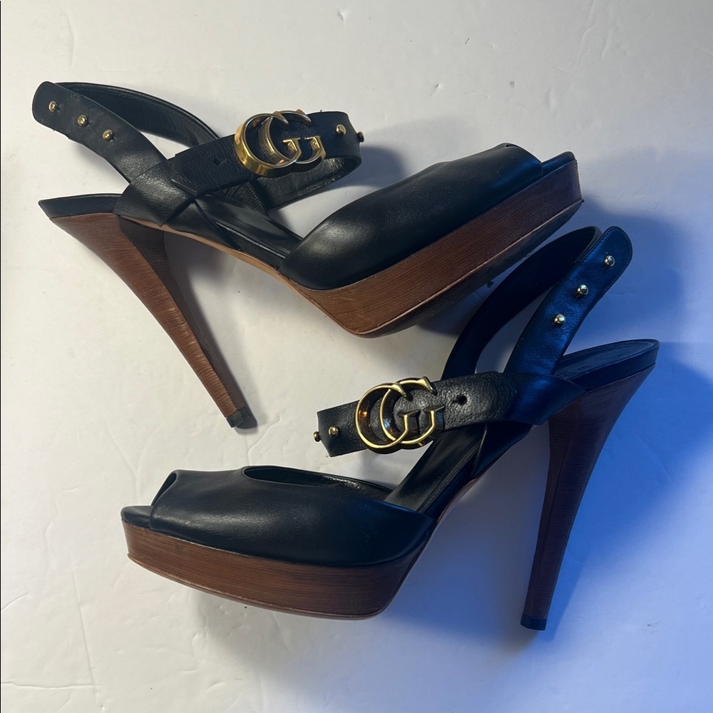 GUCCI GG Running Black Leather Platform Heels wood platform stacked heel sz 39.5 - Picture 2 of 16